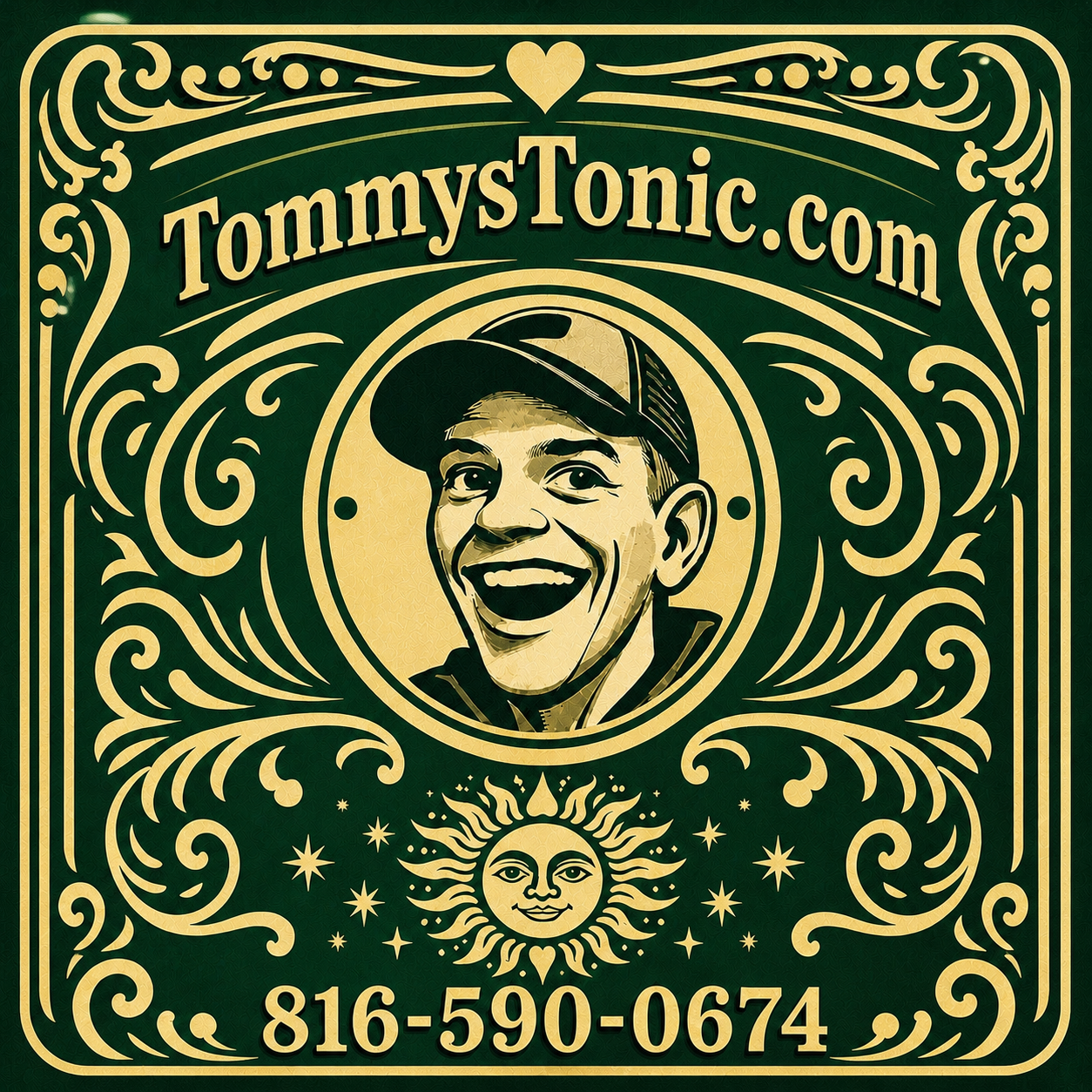 TommysTonic.com vintage logo with smiling portrait, ornate gold design, and phone number 816-590-0674