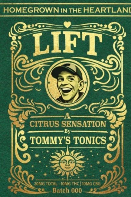 Vintage green and gold poster for LIFT citrus drink with a smiling face and ornate decorative border