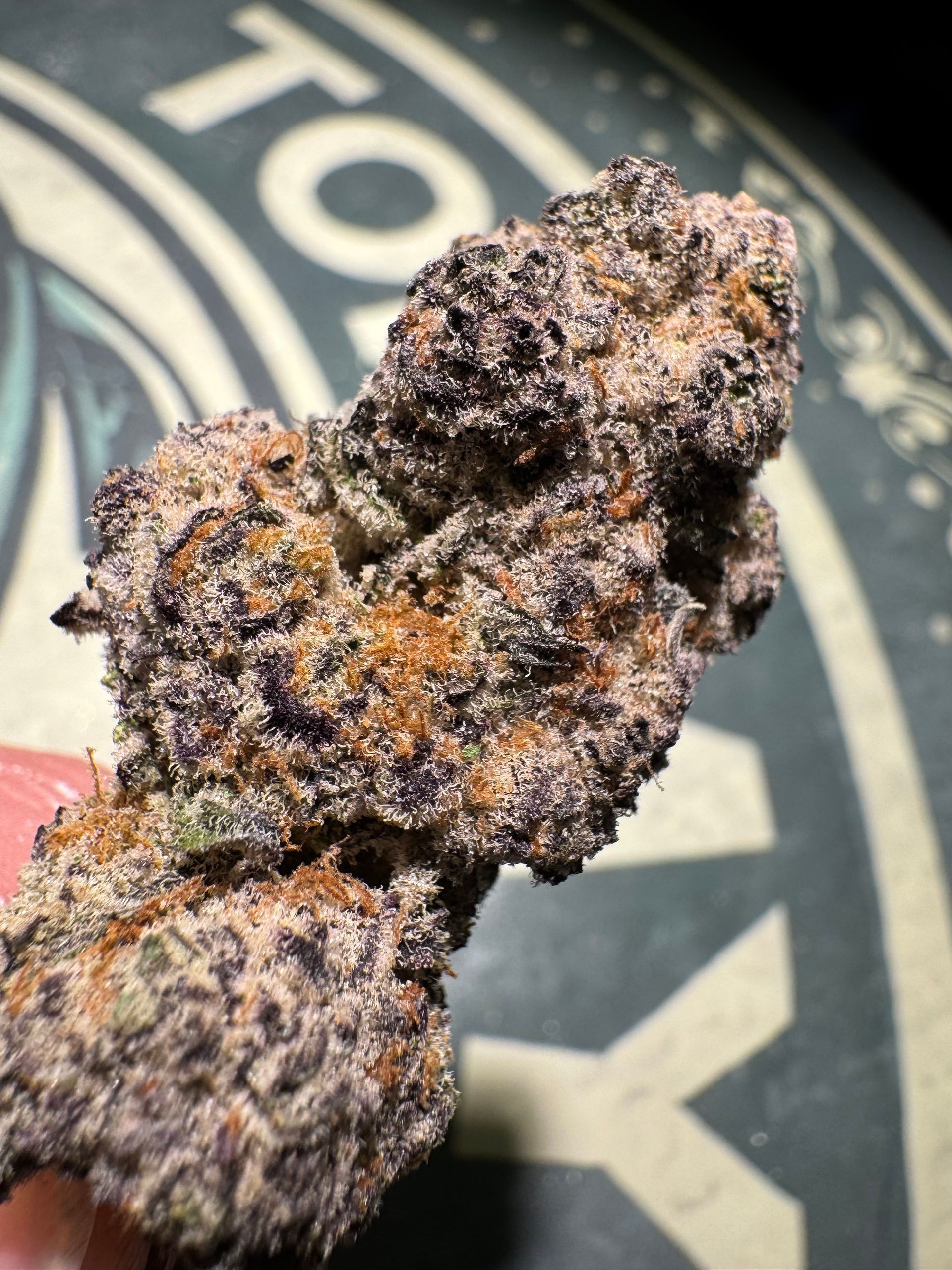 Close-up of two dark purple cannabis buds on a patterned background.
