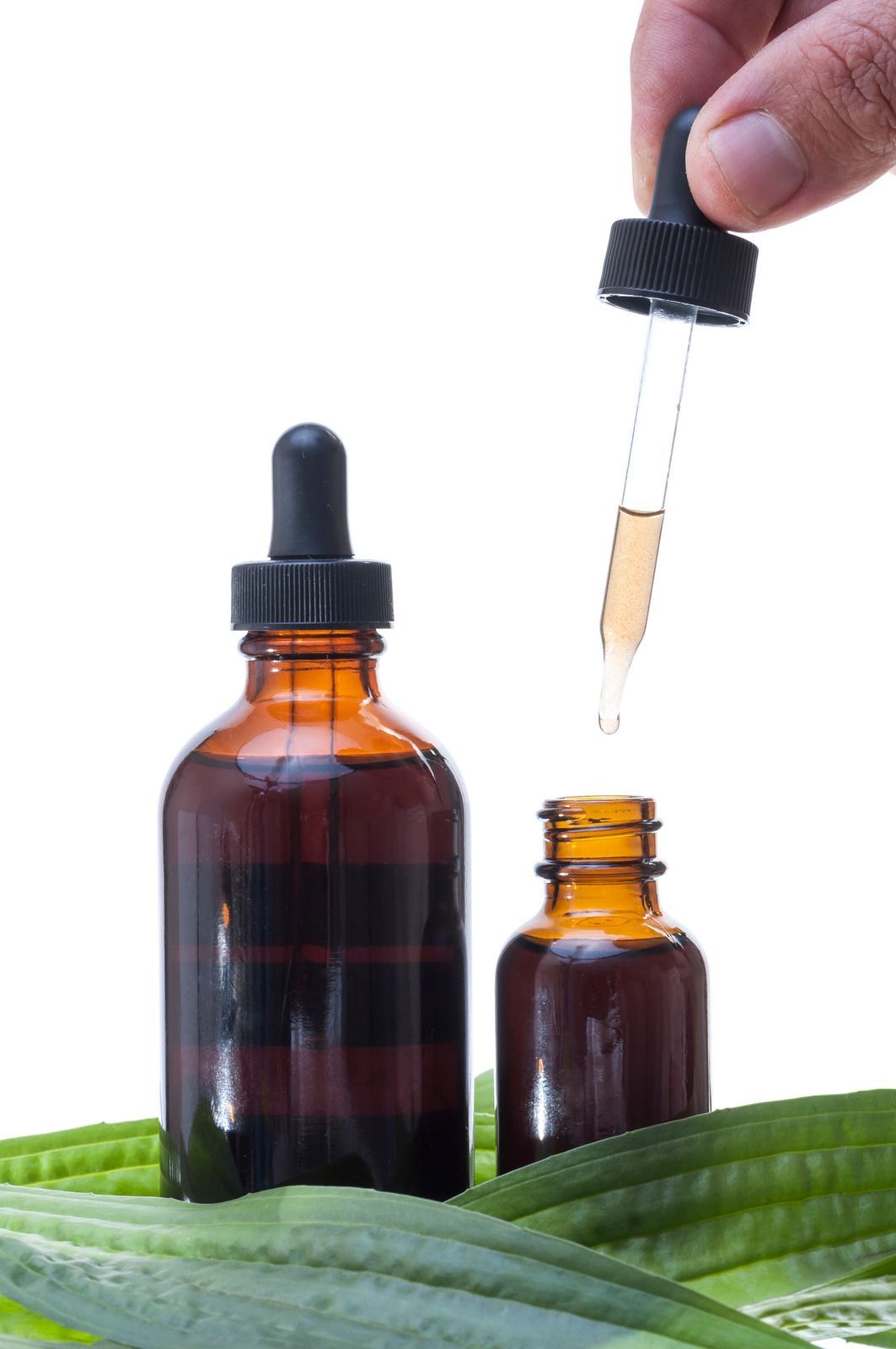 Hand dropping liquid from a pipette into an amber glass bottle on green leaves