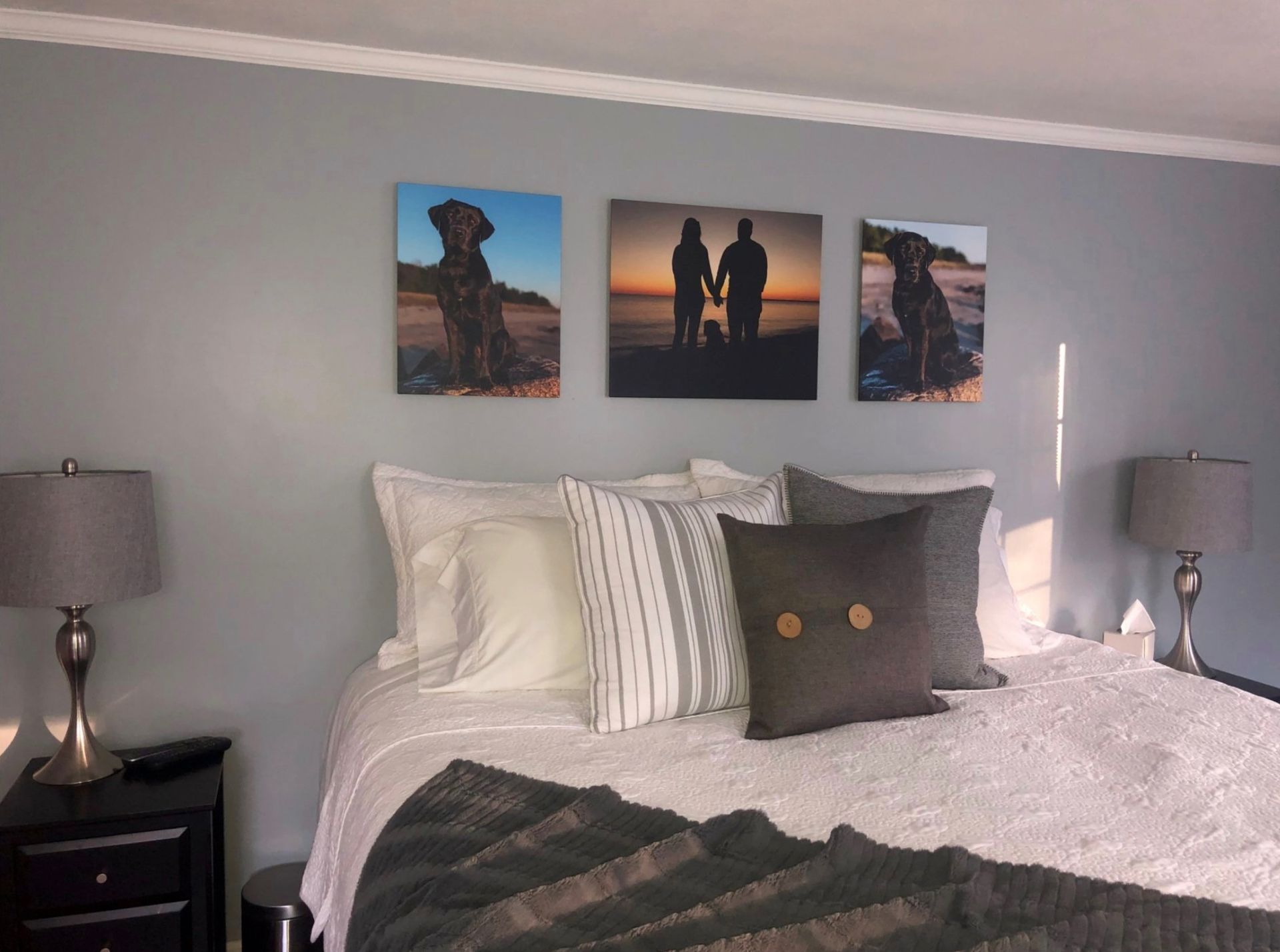 3 piece thin wrap art gallery hanging in the bedroom after a pup portrait session. 