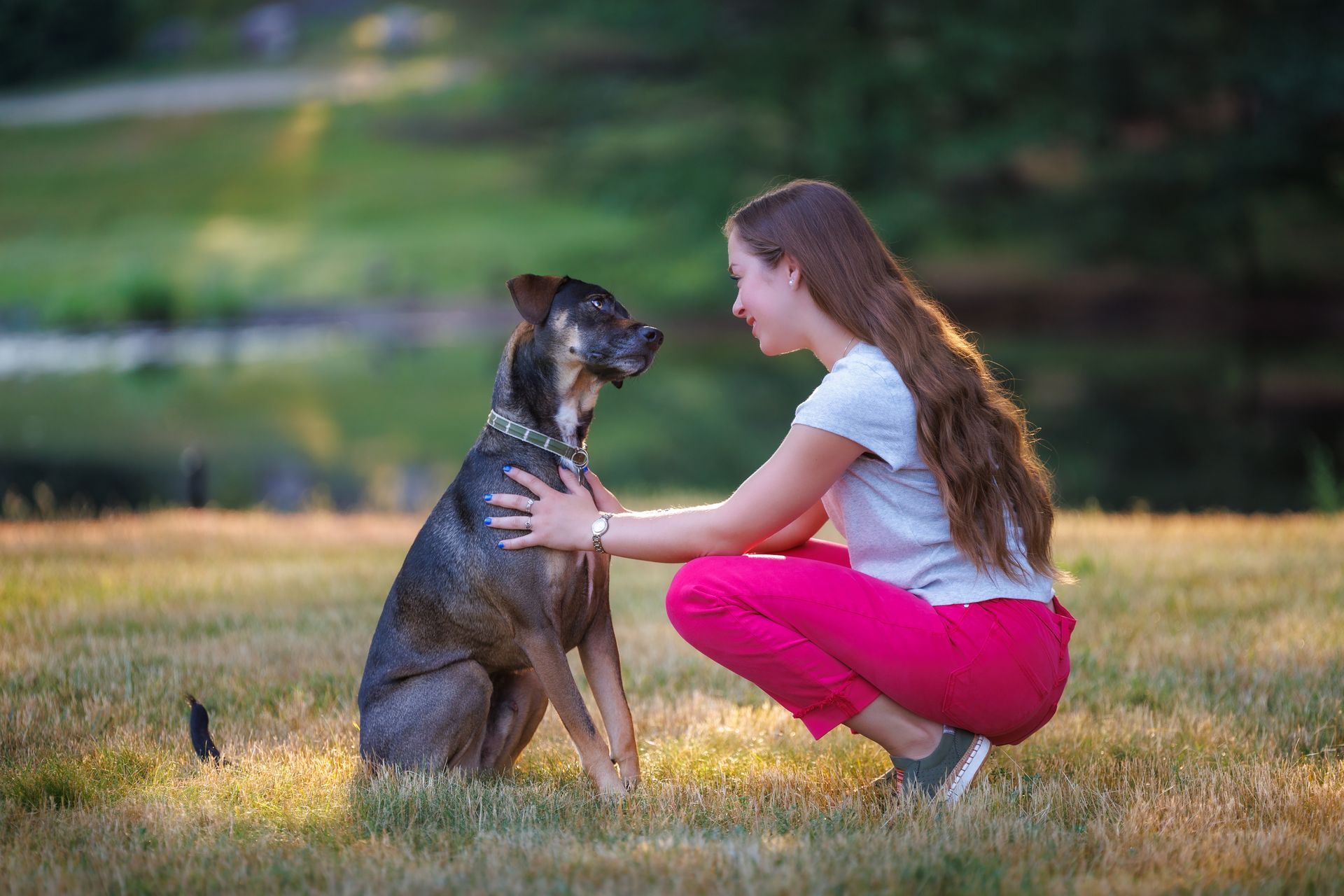 Young woman sharing a quiet moment with her dog during a customized outdoor pet photography session 