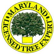 Maryland Licensed Tree Expert logo: Yellow circle with green tree, text around the perimeter.
