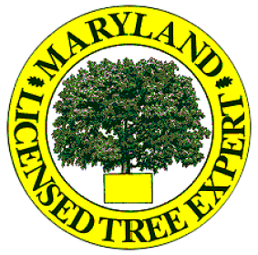 Maryland Licensed Tree Expert logo: Yellow circle with green tree, text around the perimeter.
