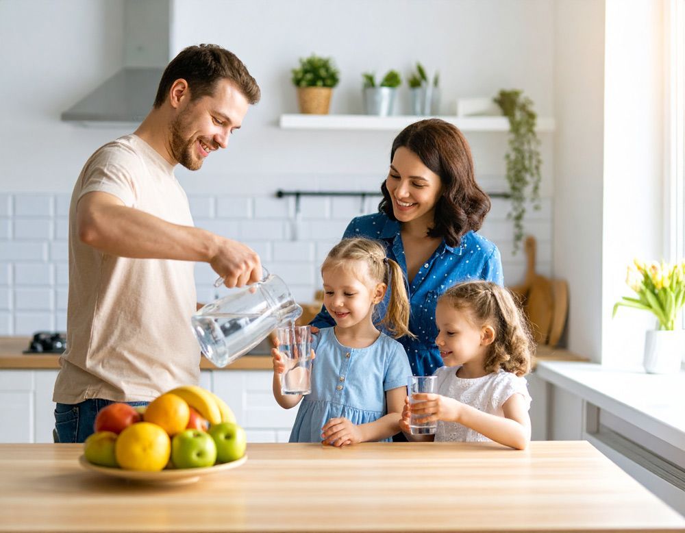 Family in a bright kitchen pouring juice, with two children watching and fruit on the counter