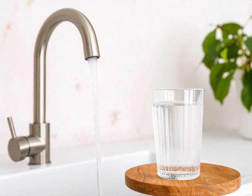 A stainless steel kitchen faucet pours water into a clear glass sitting on a wooden coaster.