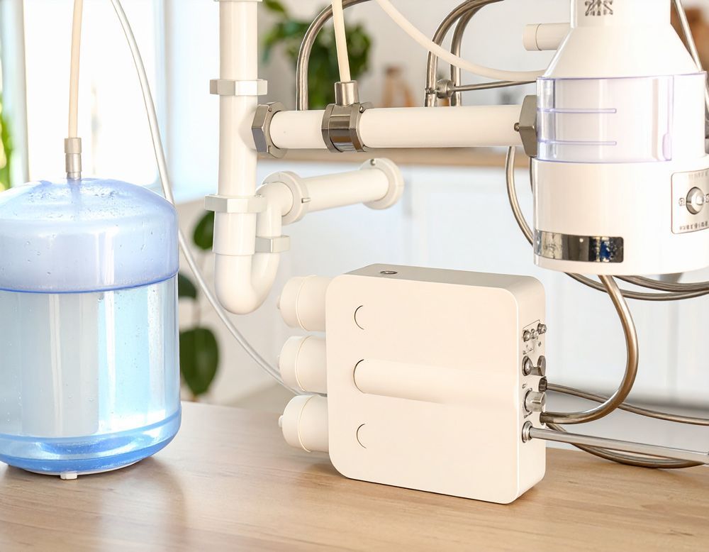 A white water filtration system with a blue plastic tank sits under a sink with white pipes.