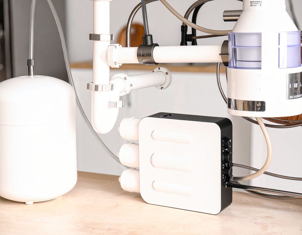 Under-sink plumbing with a white water filter unit and tank in a cabinet
