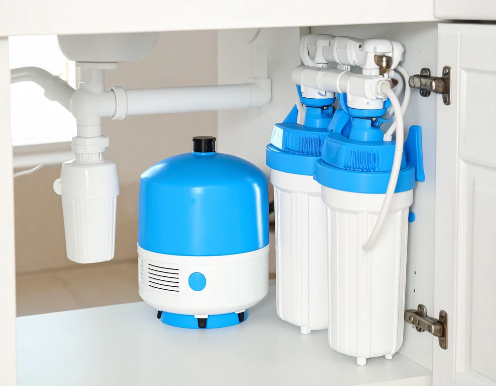 A water filtration system with a blue storage tank and two white filter cartridges under a kitchen sink.