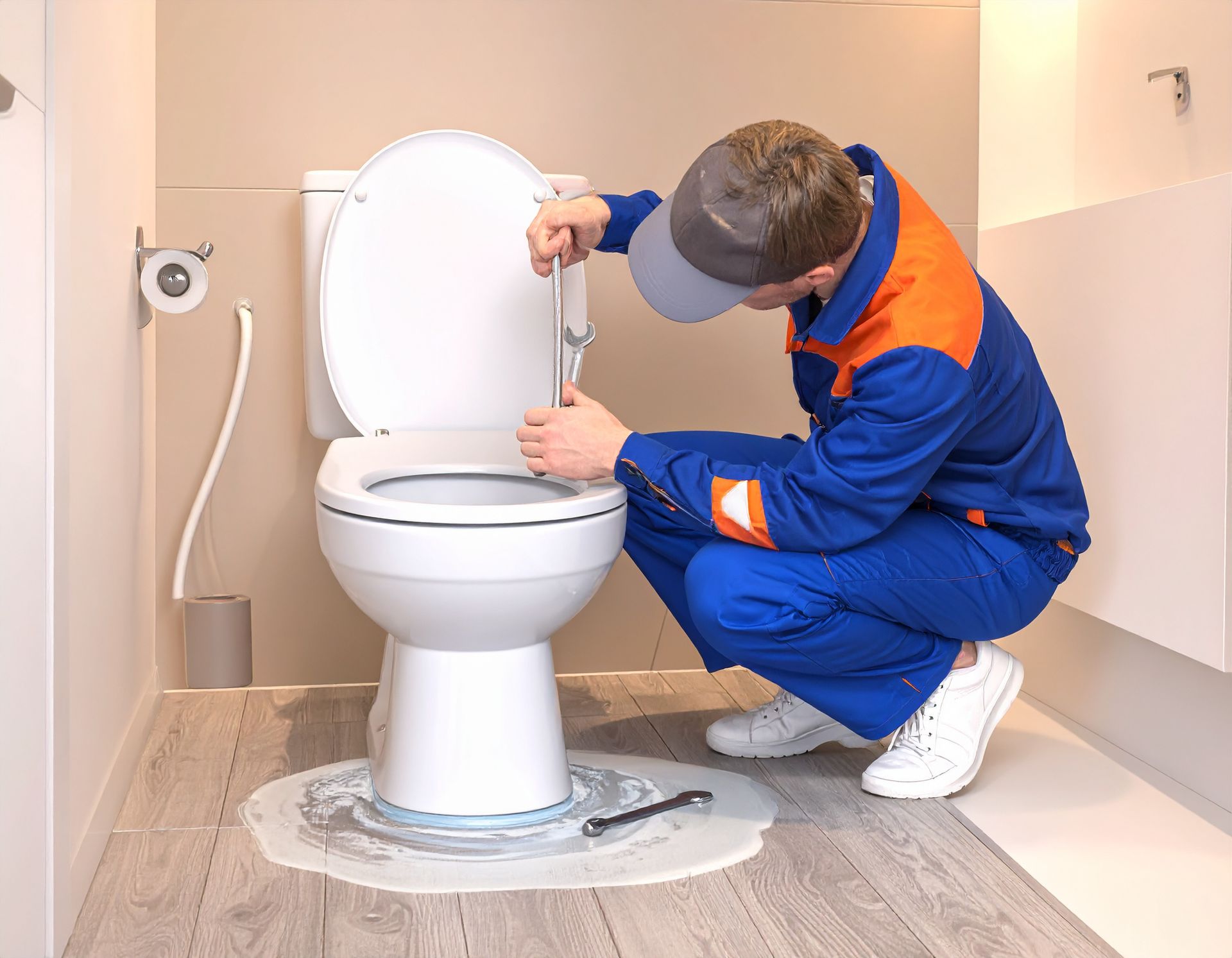 Plumber in blue overalls adjusting a toilet in a bathroom under installation.