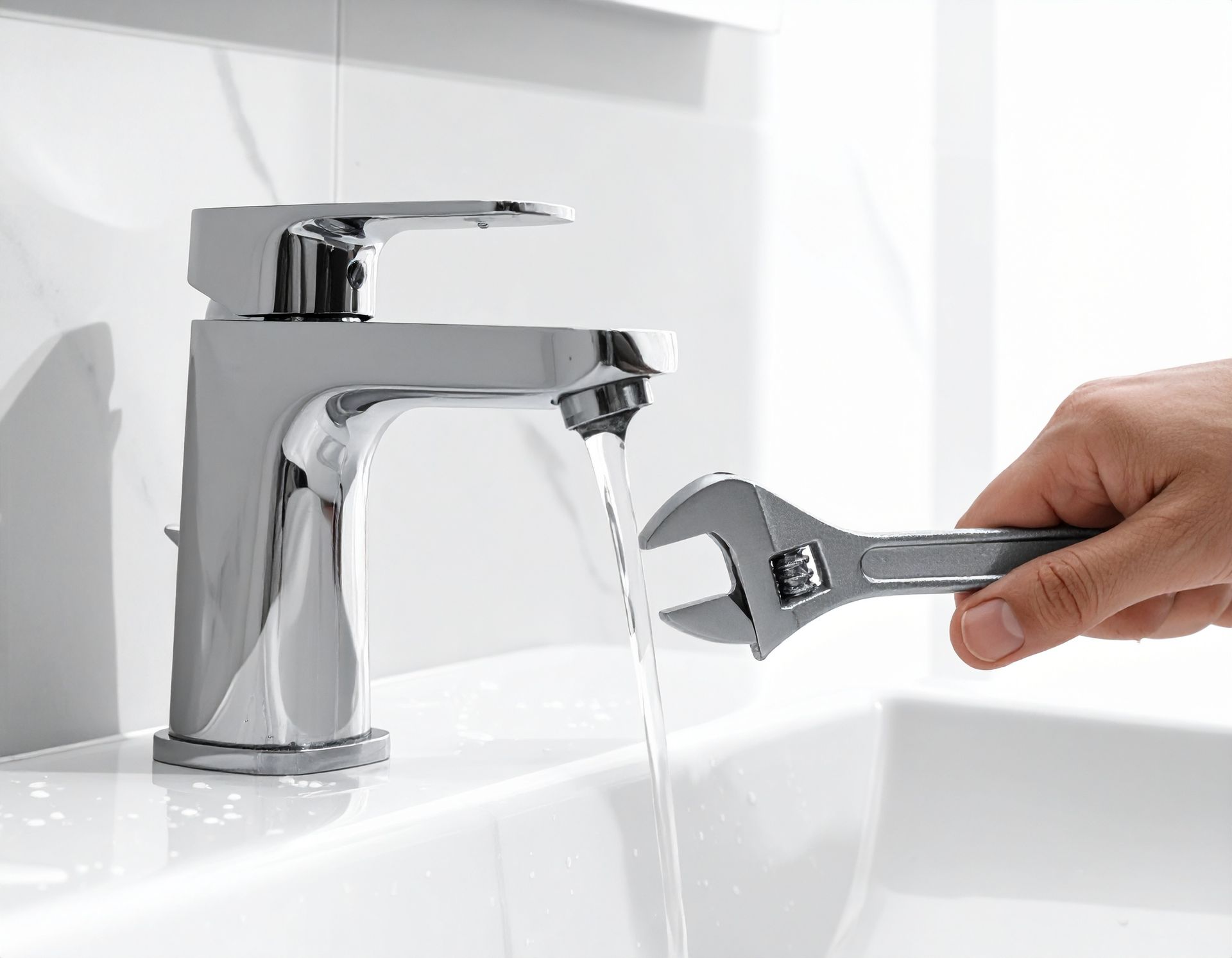 A hand holding an adjustable wrench near a chrome bathroom faucet with water running into a sink.