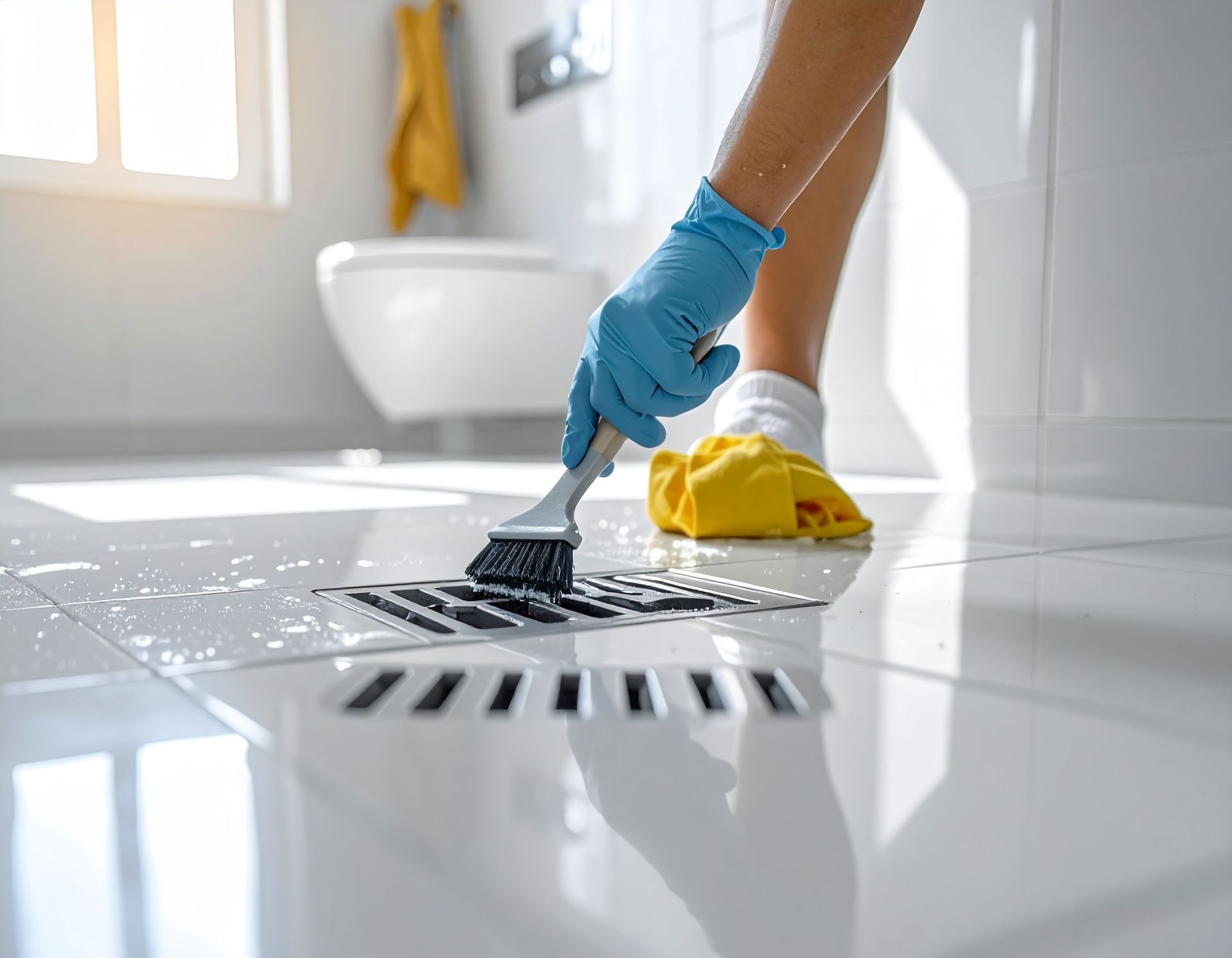 A person wearing blue gloves scrubs a bathroom floor drain with a small brush, with a yellow cloth nearby.