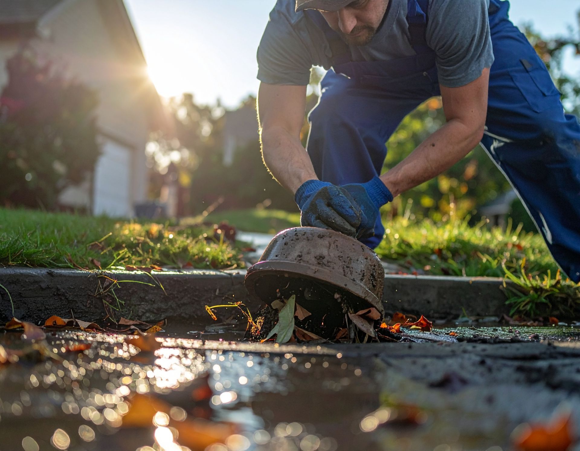 Worker using a pipe cutter on a curbside drain pipe at sunset, with water and debris nearby