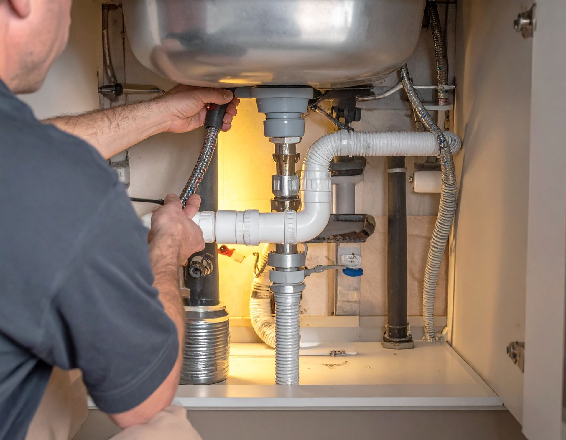 Plumber working under a sink, tightening pipes with a wrench in a cabinet.