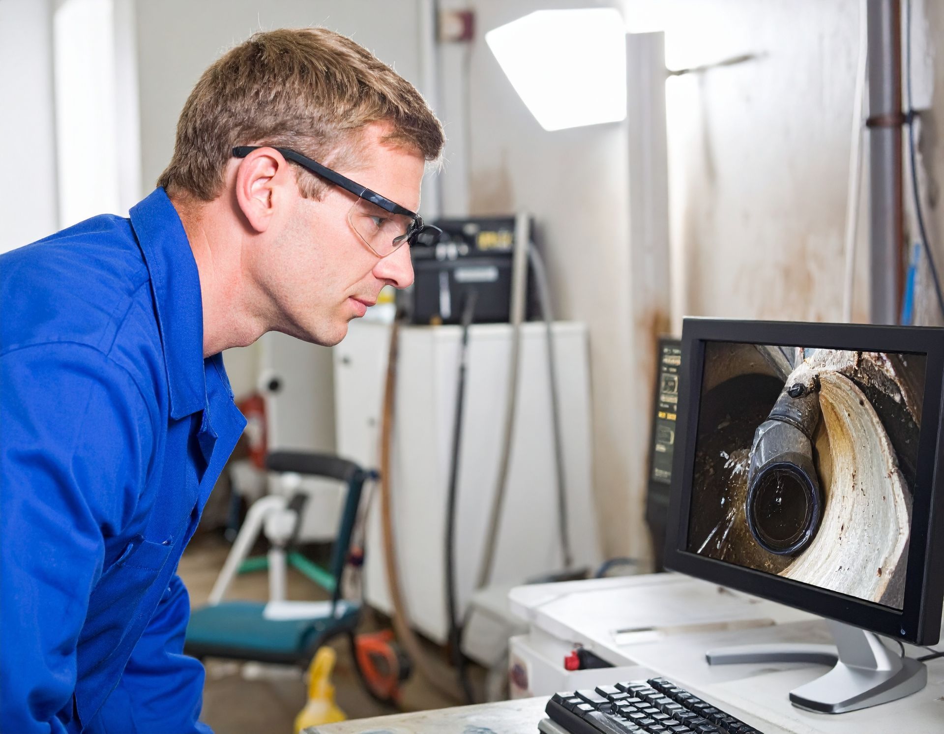 A technician in a blue uniform and safety glasses looks at a computer monitor displaying an industrial scan.