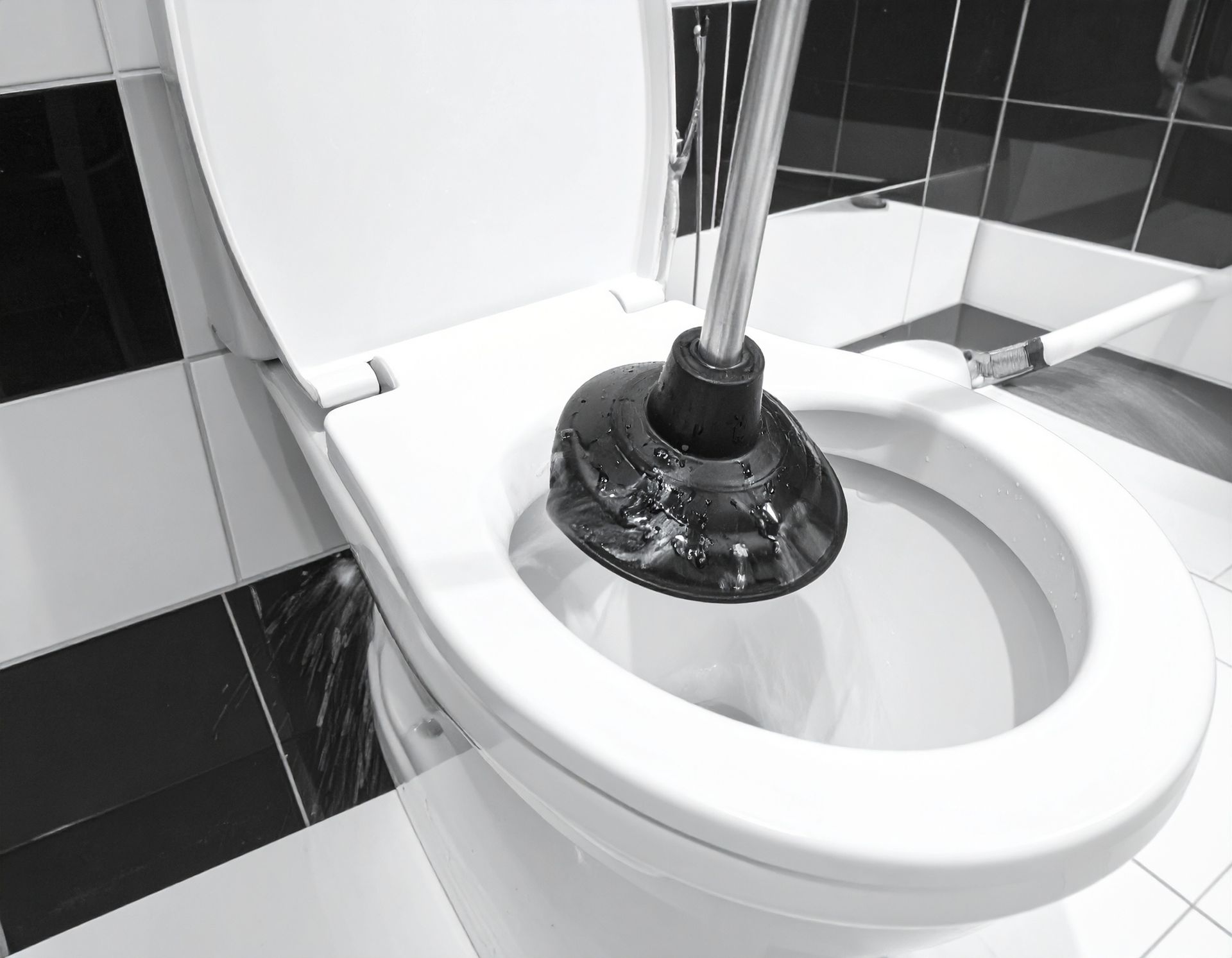 Toilet with a black plunger sealing the bowl in a black-and-white tiled bathroom