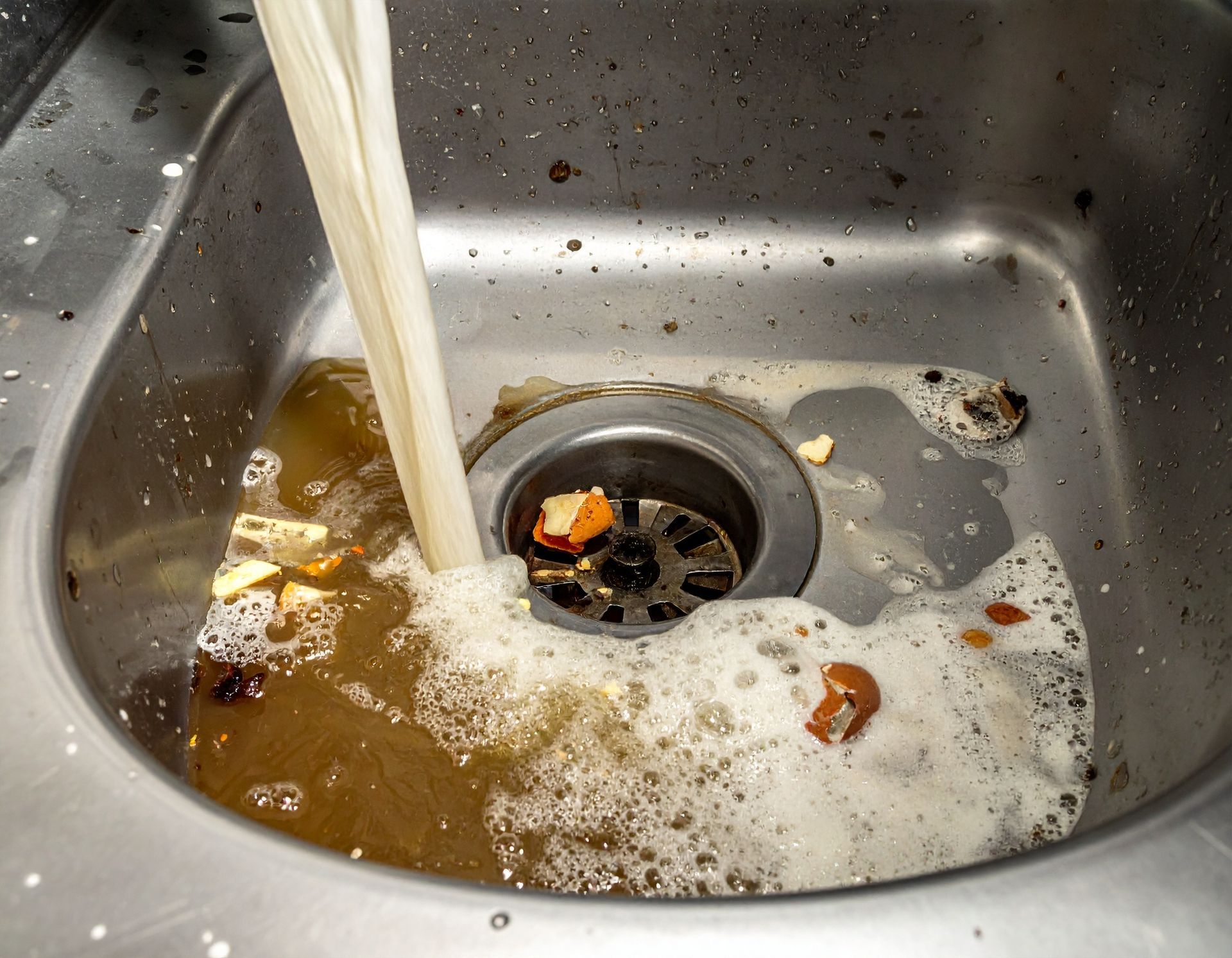 A stainless steel kitchen sink is overflowing with dirty, soapy water and scattered food scraps.