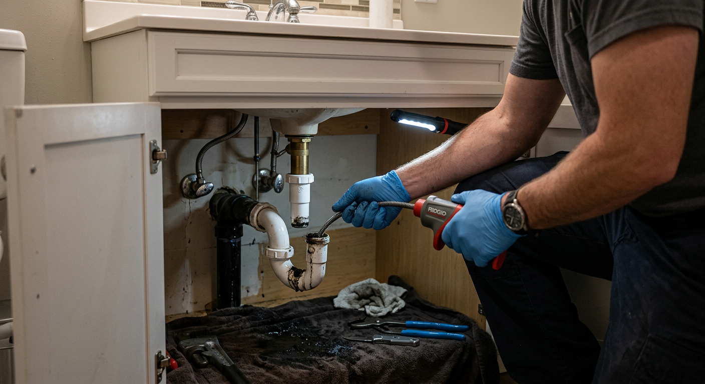 Plumber unclogging a kitchen sink drain under the cabinet with a red pipe snake and blue gloves