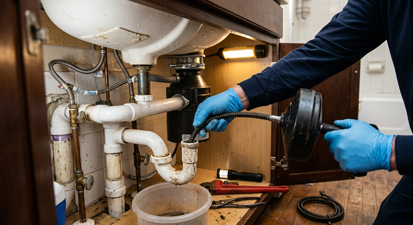 Person using a drain snake to clear a sink pipe under a bathroom vanity