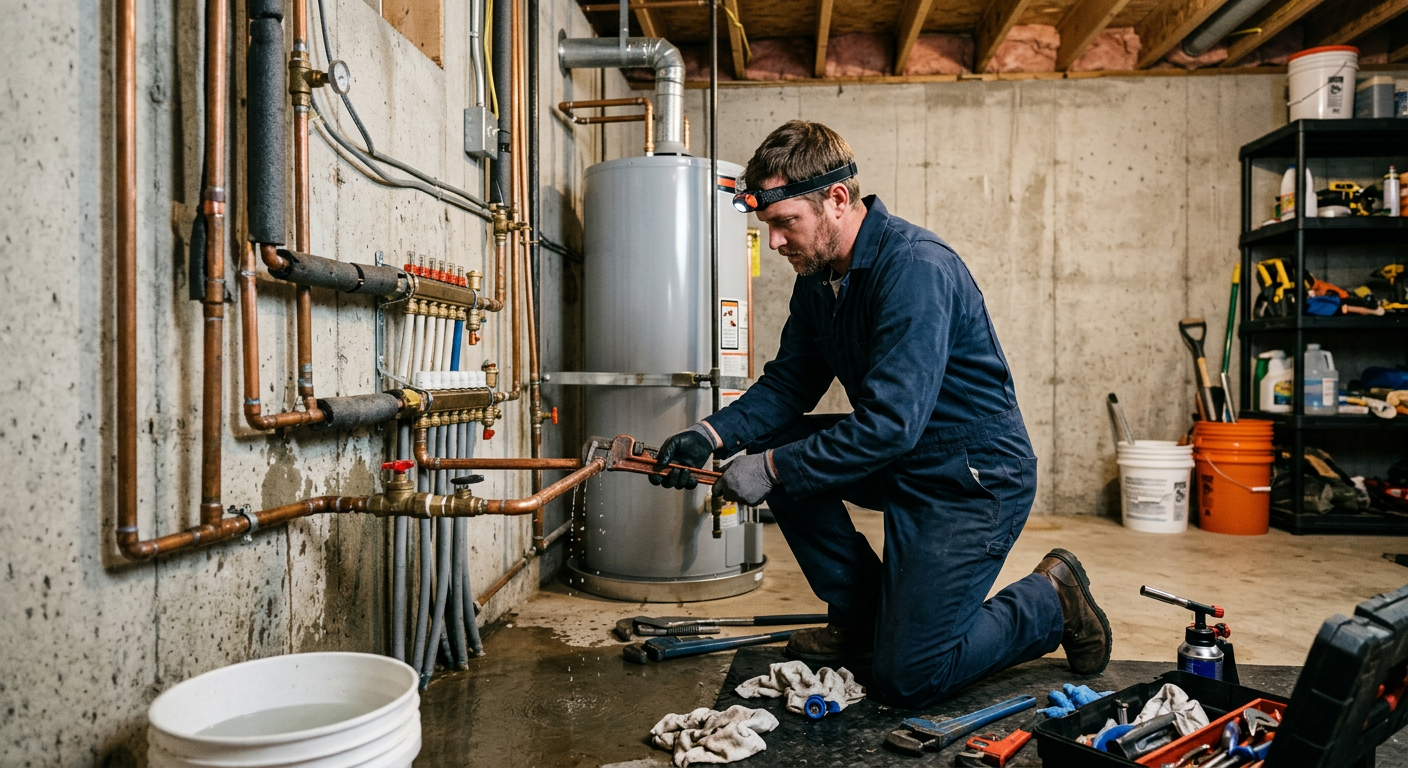 Plumber kneeling in a basement, tightening copper pipes with tools scattered nearby.