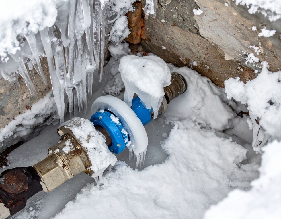 A blue pipe valve with a metal coupling, partially encased in ice and snow within a concrete ground recess.