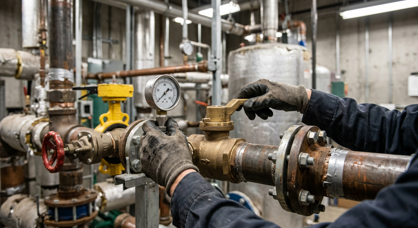 Technician’s gloved hands adjust a large industrial pipe valve with gauges in a factory setting