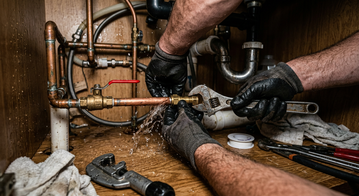 Plumber using a wrench under a sink, fixing copper pipes in a cramped cabinet with water splashes.
