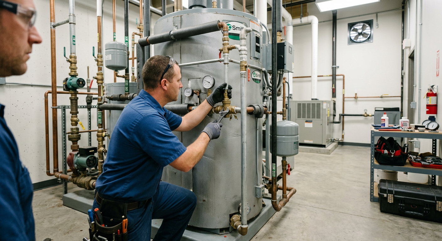 Technician adjusting controls on a large industrial tank in a mechanical room