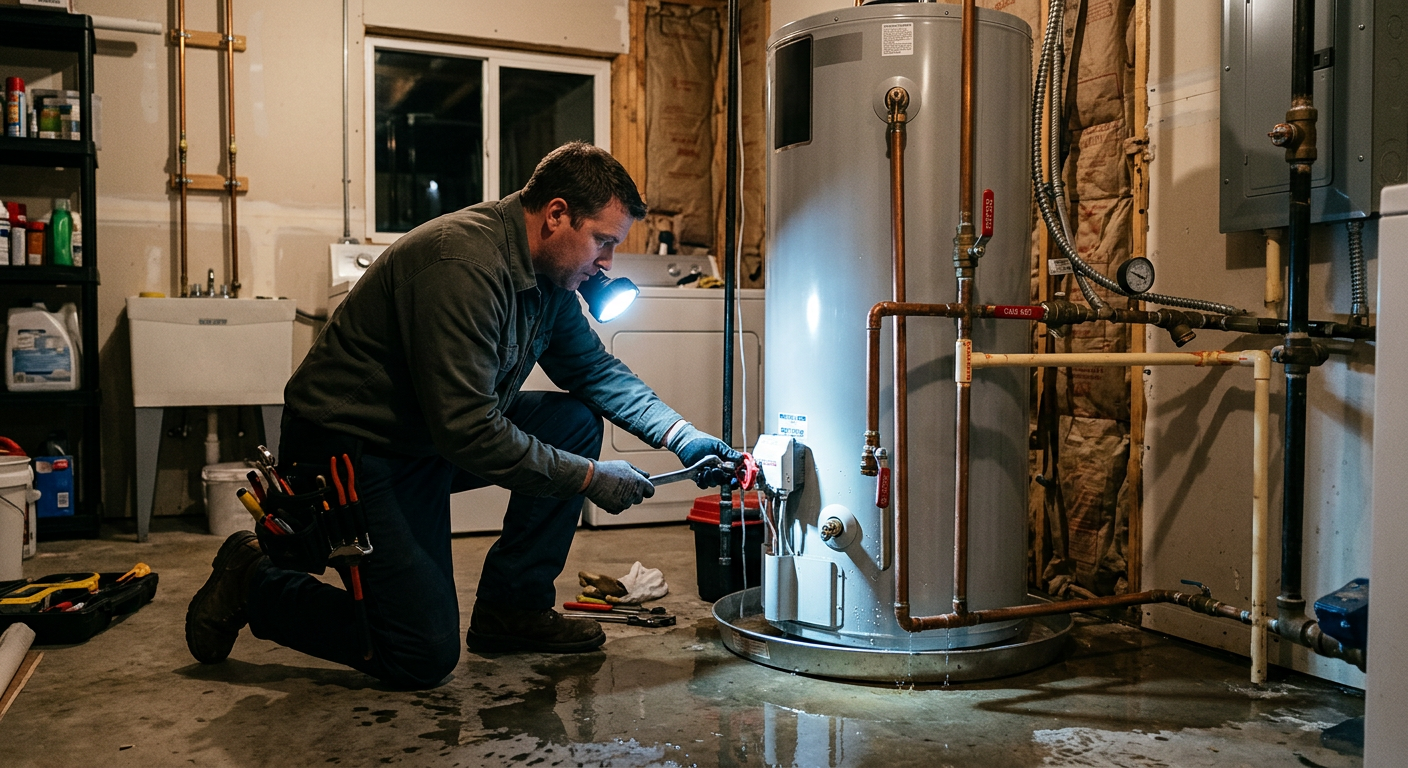 Technician kneeling by a water heater, using a tool in a basement utility room with exposed pipes.