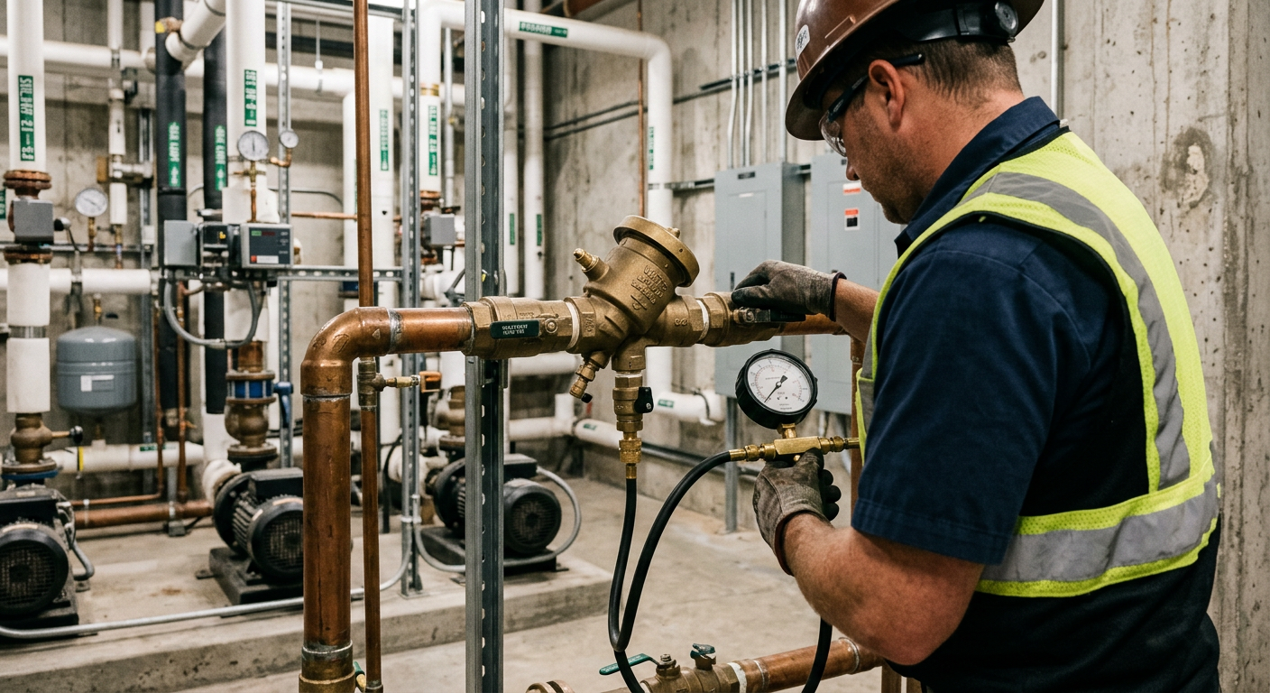 Worker in hard hat and reflective vest inspecting industrial pipes and gauges in a factory.