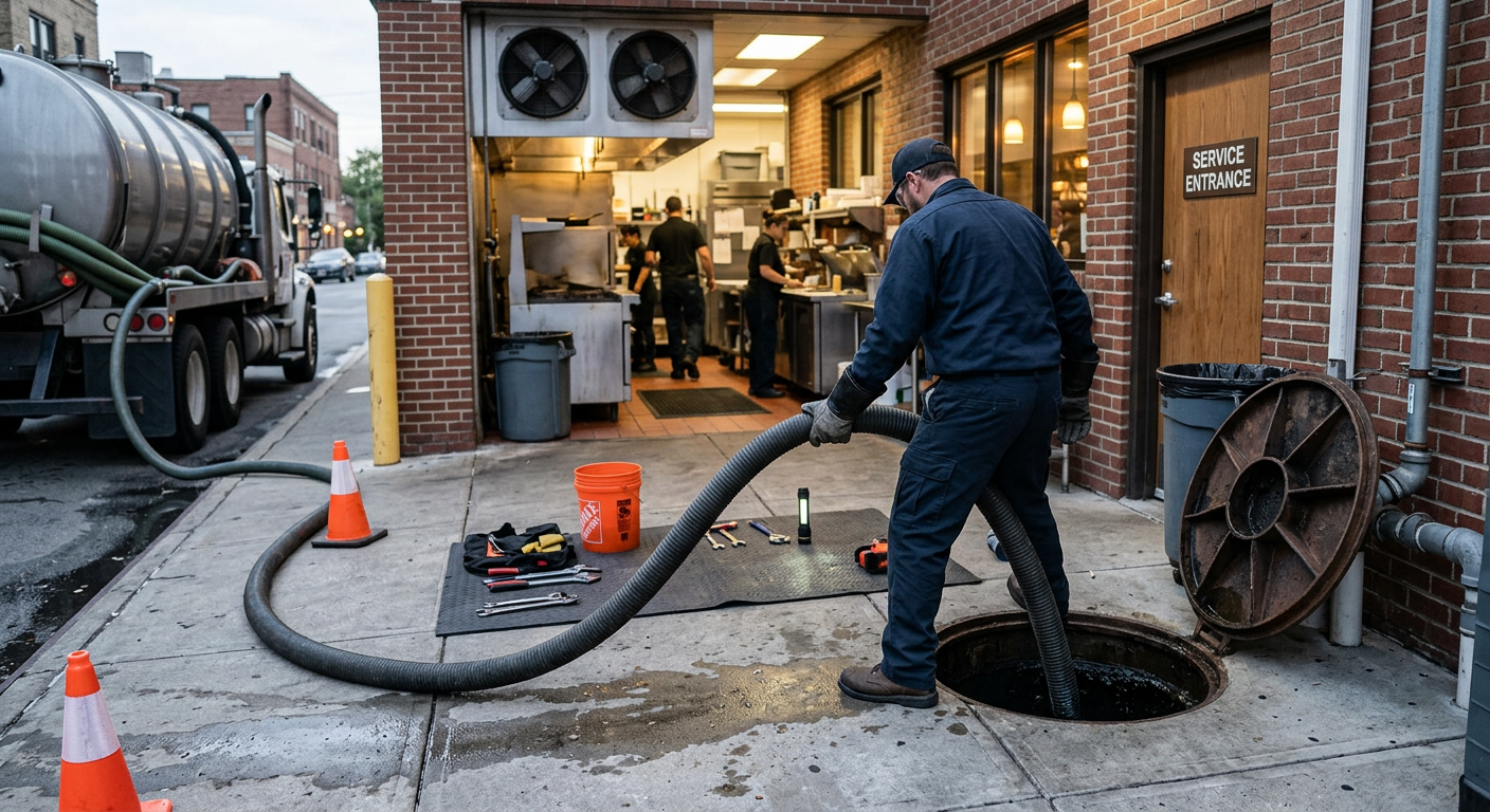 Worker vacuuming a sewer manhole beside a brick building, with hoses and equipment on the street.