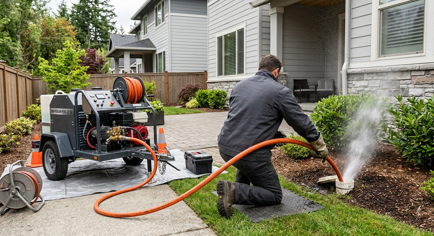 Worker pressure-washing a garden bed beside a house, with a spray of water and equipment on a driveway.