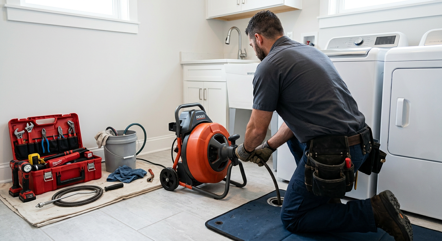 Plumber using a drain snake beside a washer and dryer in a laundry room