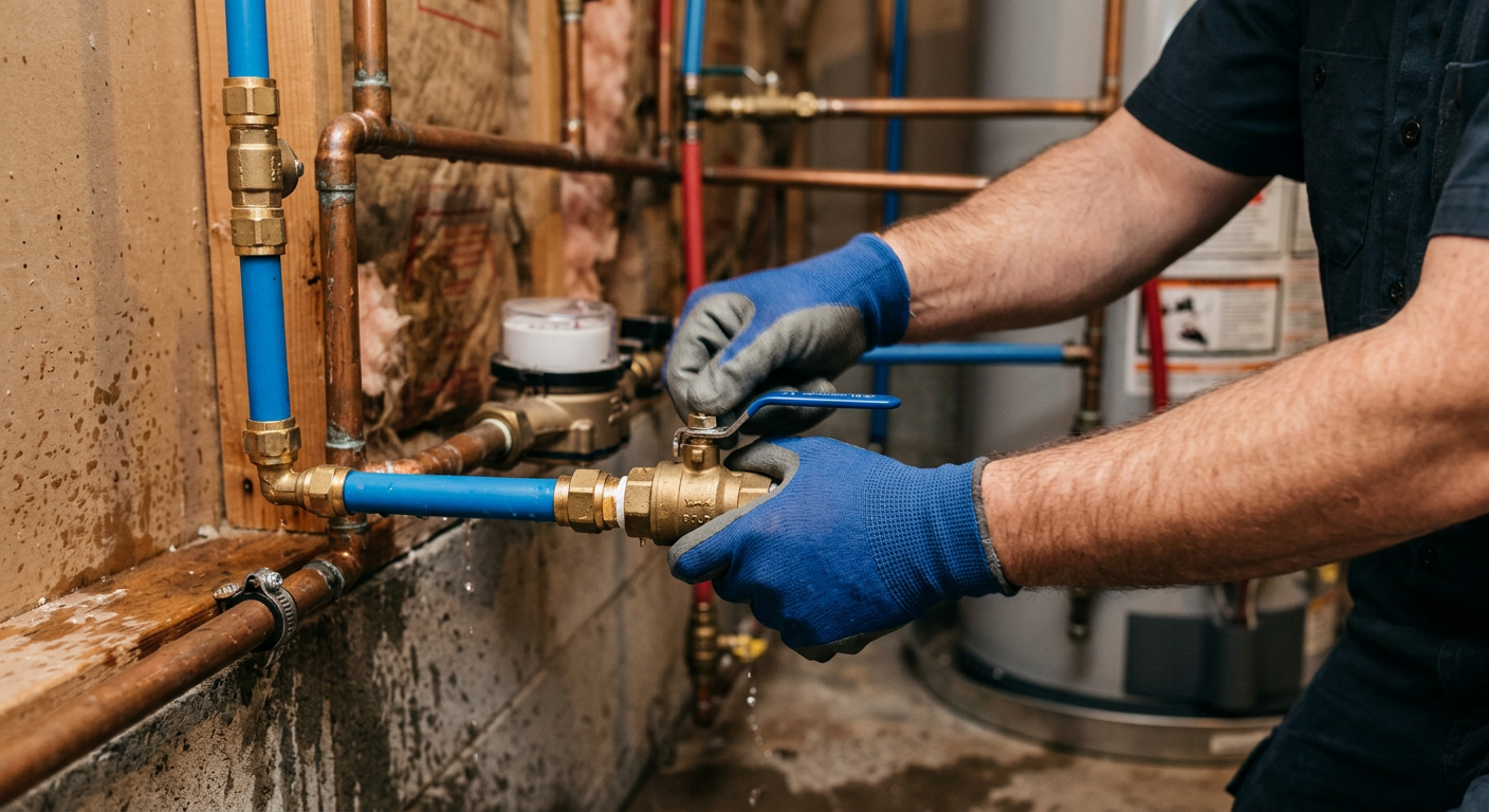 Gloved plumber repairs corroded copper pipes with a wrench in a basement utility area