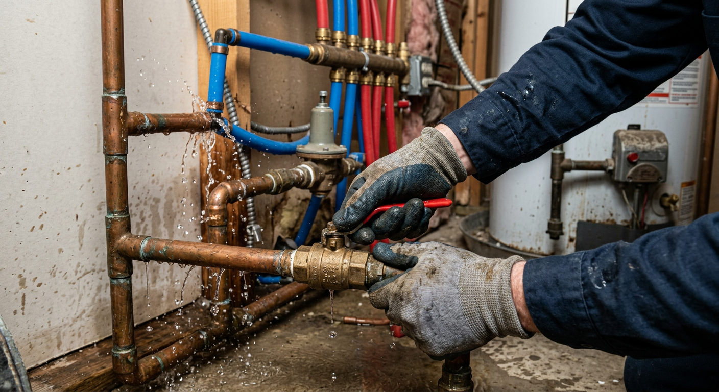 Gloved hands tightening a pipe fitting under a sink with copper pipes and water damage nearby