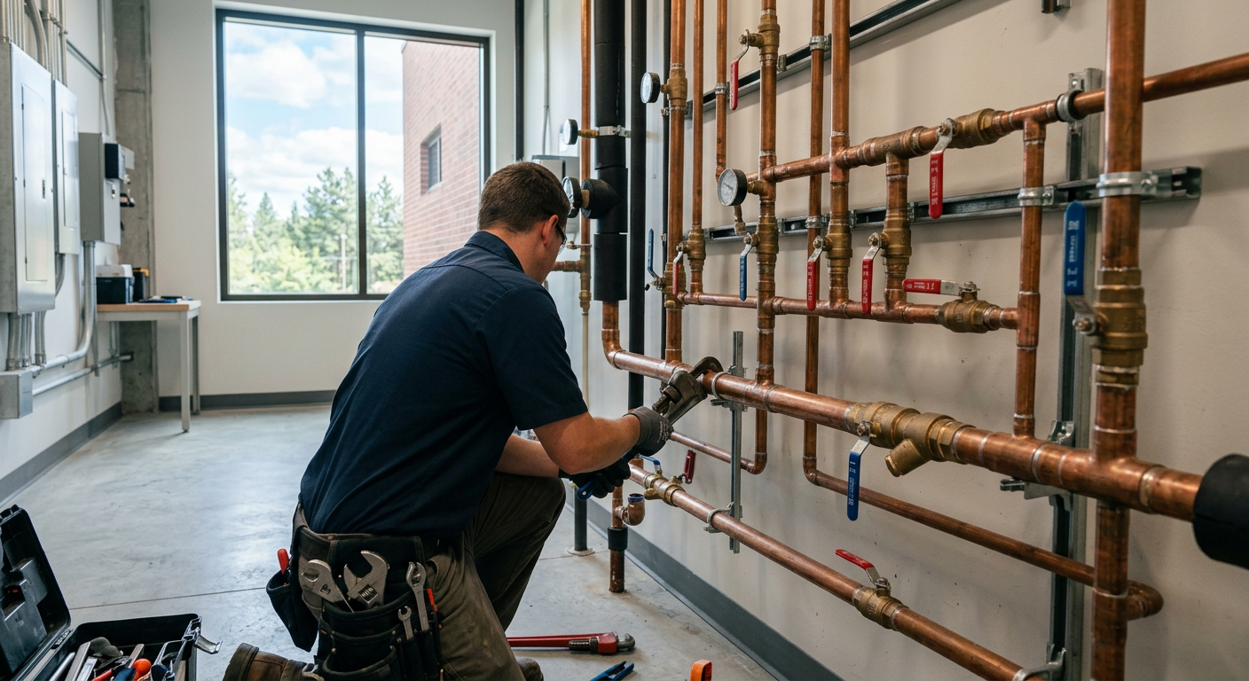 Plumber working on copper pipes in a bright utility room with tools and a window.
