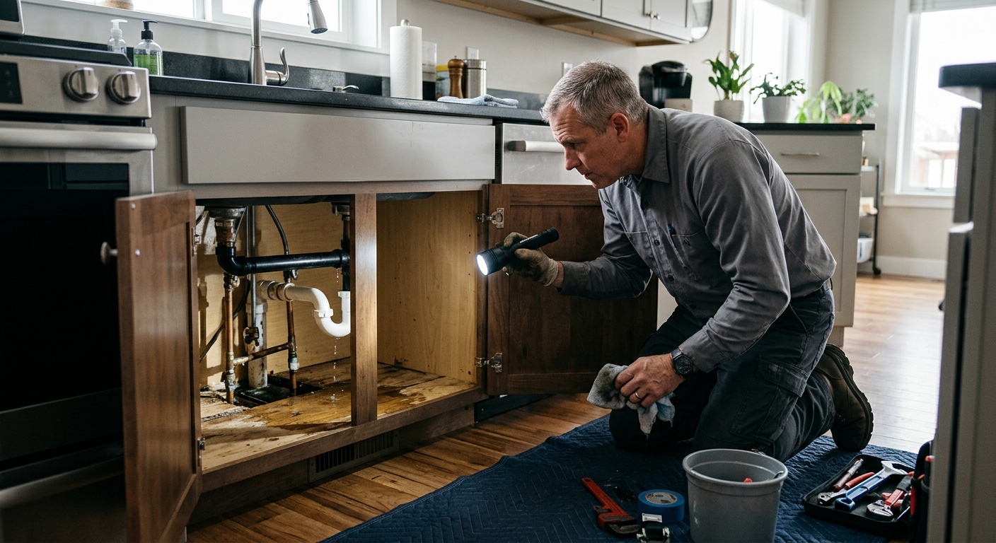 Man kneels by a kitchen dishwasher, inspecting wiring with tools scattered on the floor.
