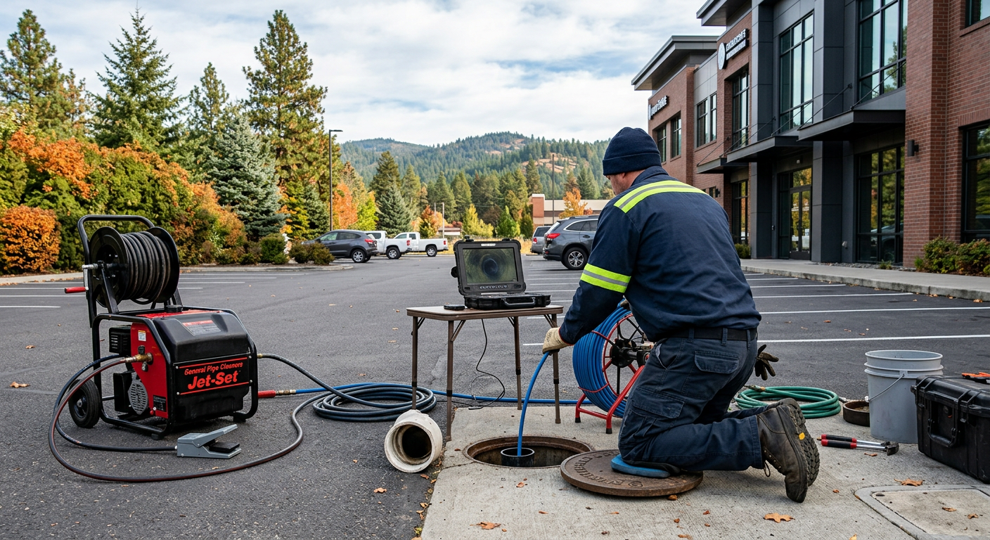 Worker kneels beside sewer equipment on a sidewalk near apartment buildings and autumn trees.