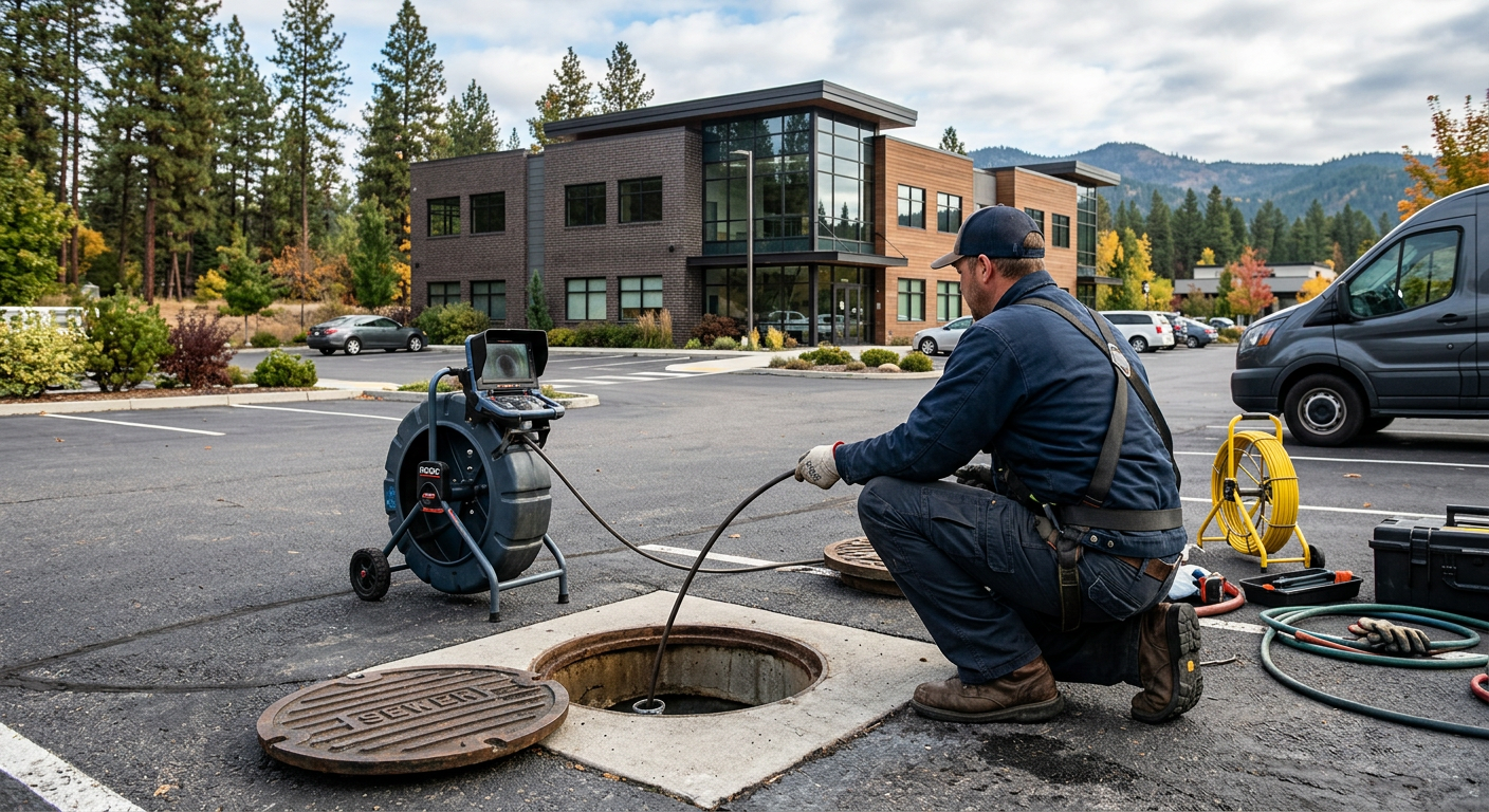 Worker in a parking lot inspecting an open manhole beside a utility truck and equipment.