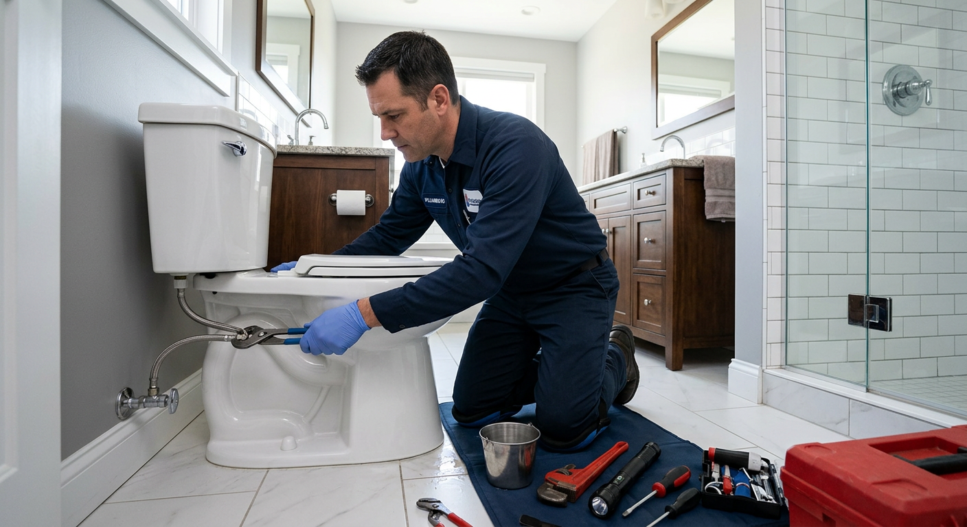 Plumber kneeling beside a toilet, tightening a pipe under a bathroom sink with tools nearby