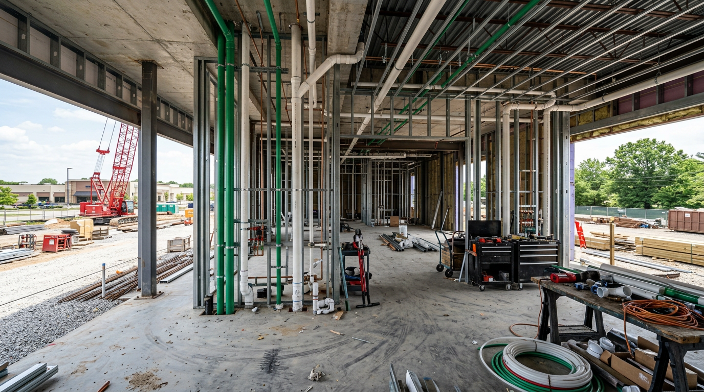 Interior of a building under construction with exposed framing, pipes, tools, and materials scattered on the floor.