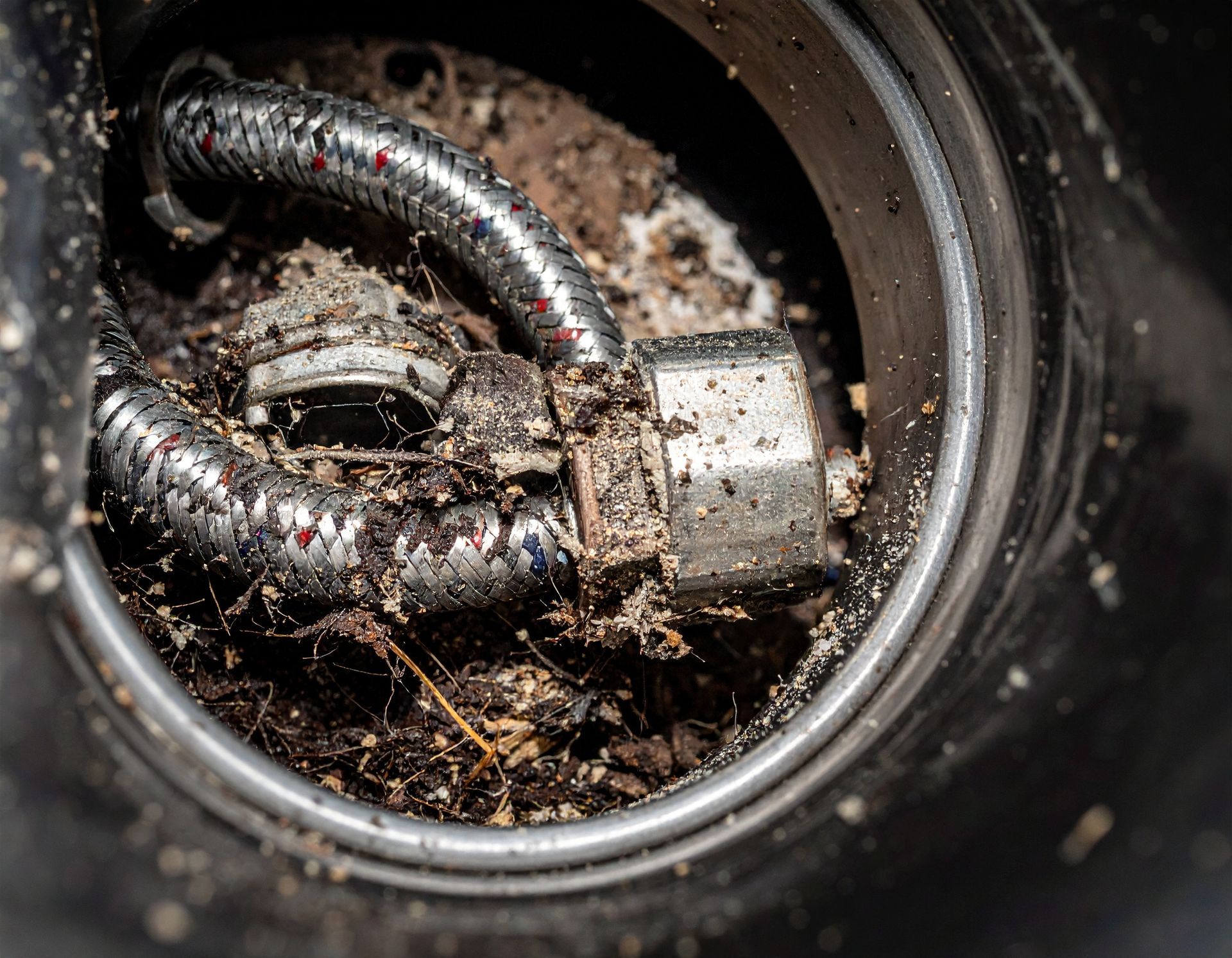 A metal faucet supply hose connection sits inside a dark, circular pipe opening filled with dirt and debris.