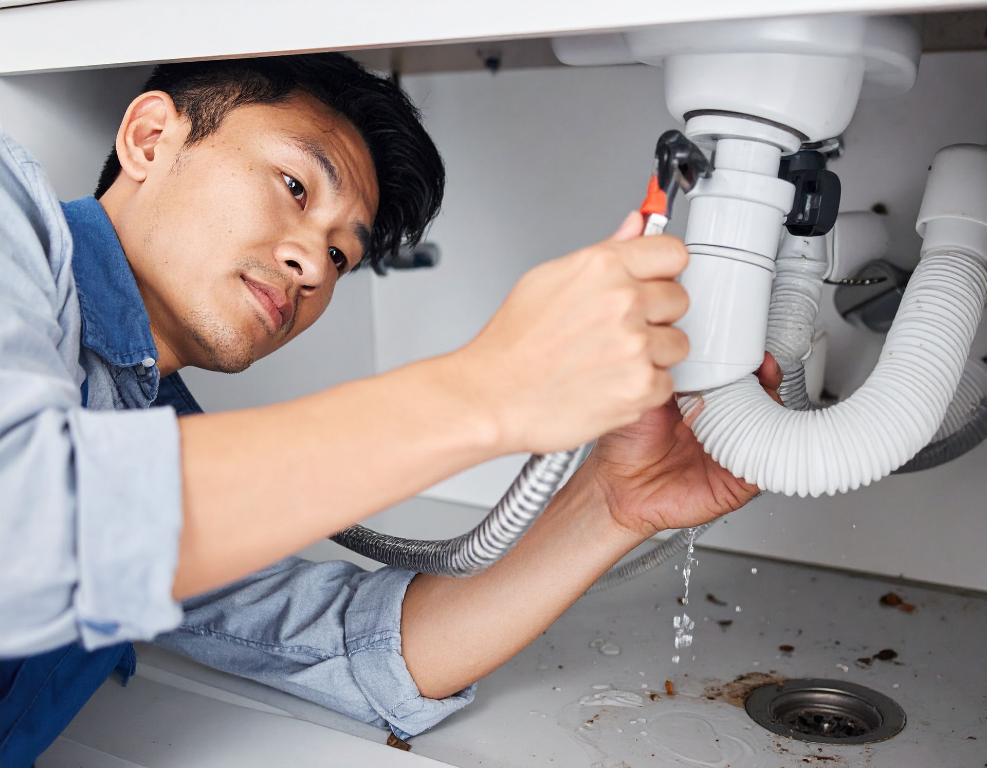 Plumber tightening a sink drain pipe under a cabinet, with water dripping into the basin below