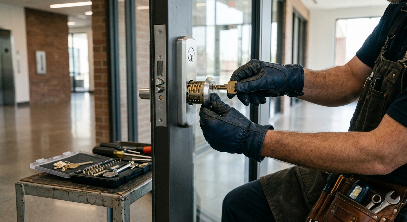 Gloved worker adjusting a lock on a glass door beside a tool tray in a hallway