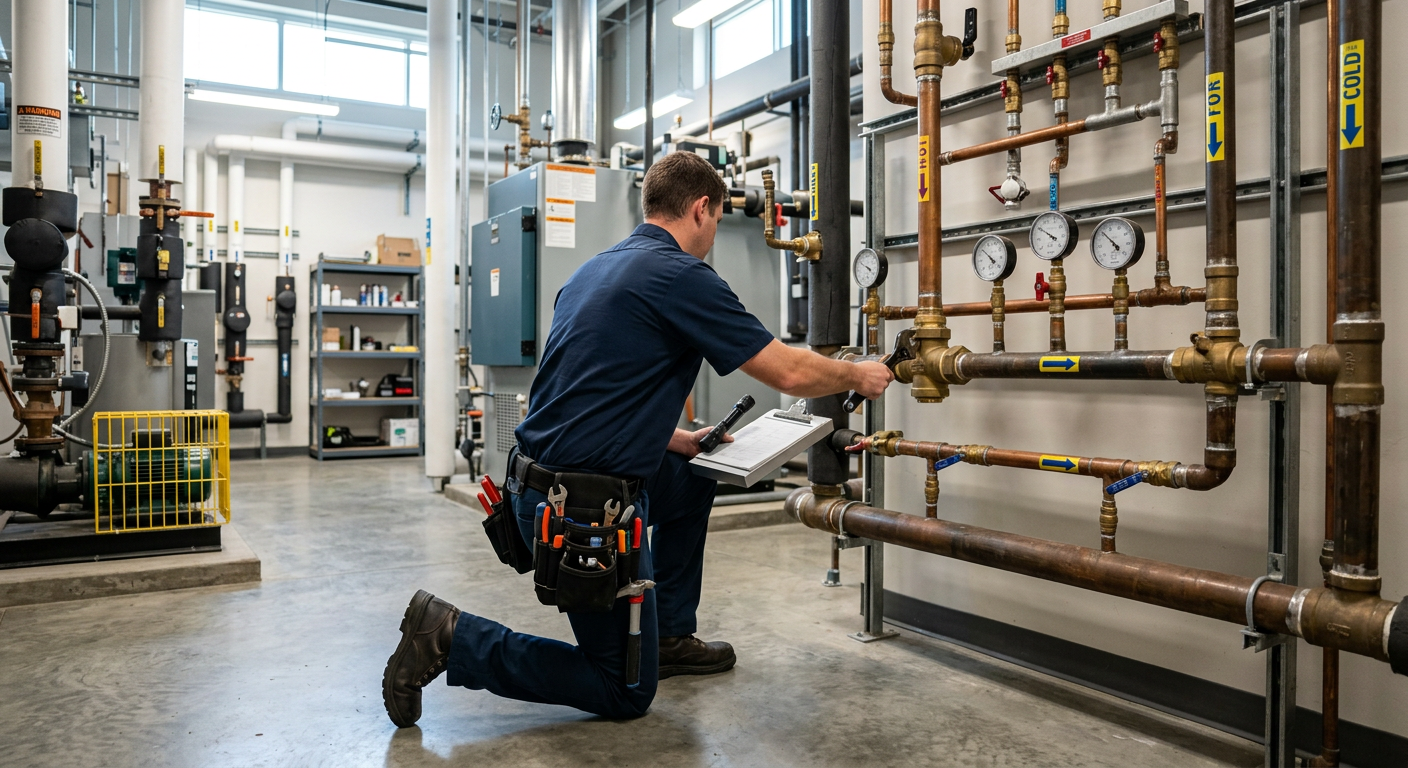 Technician kneeling by industrial pipes in a bright mechanical room, adjusting a valve.