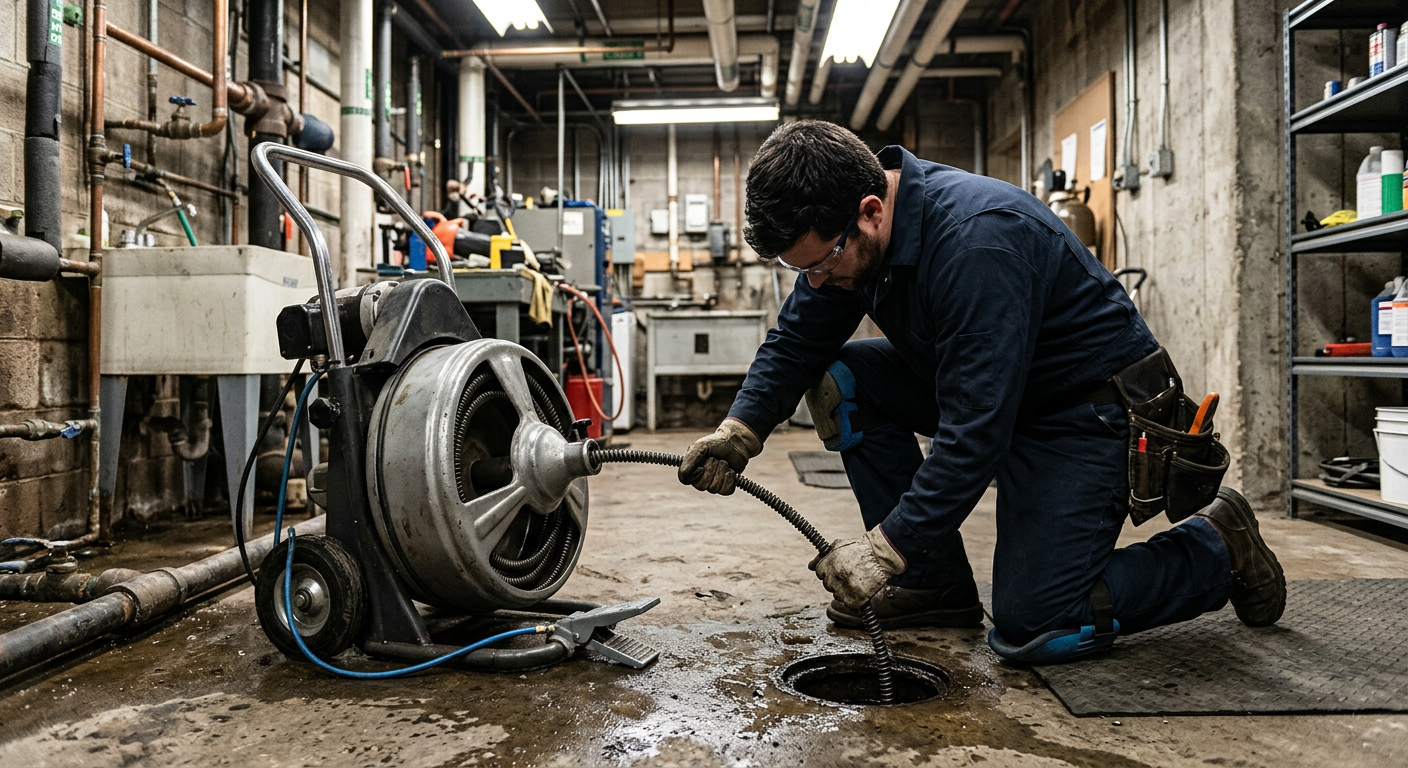 Worker kneels in a narrow industrial alley, inspecting a sewer manhole beside heavy pipes and machinery.