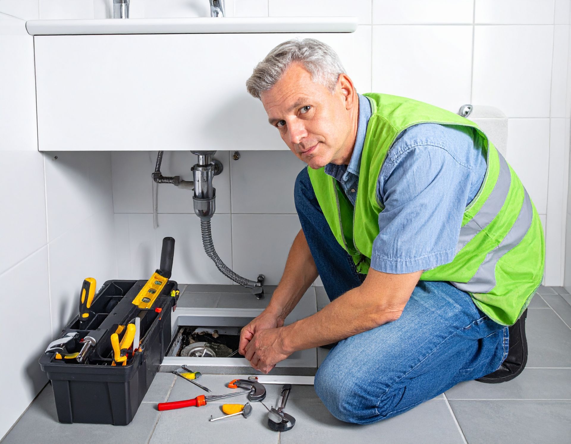 Plumber kneeling under a sink, repairing pipes with tools on the floor in a tiled kitchen.
