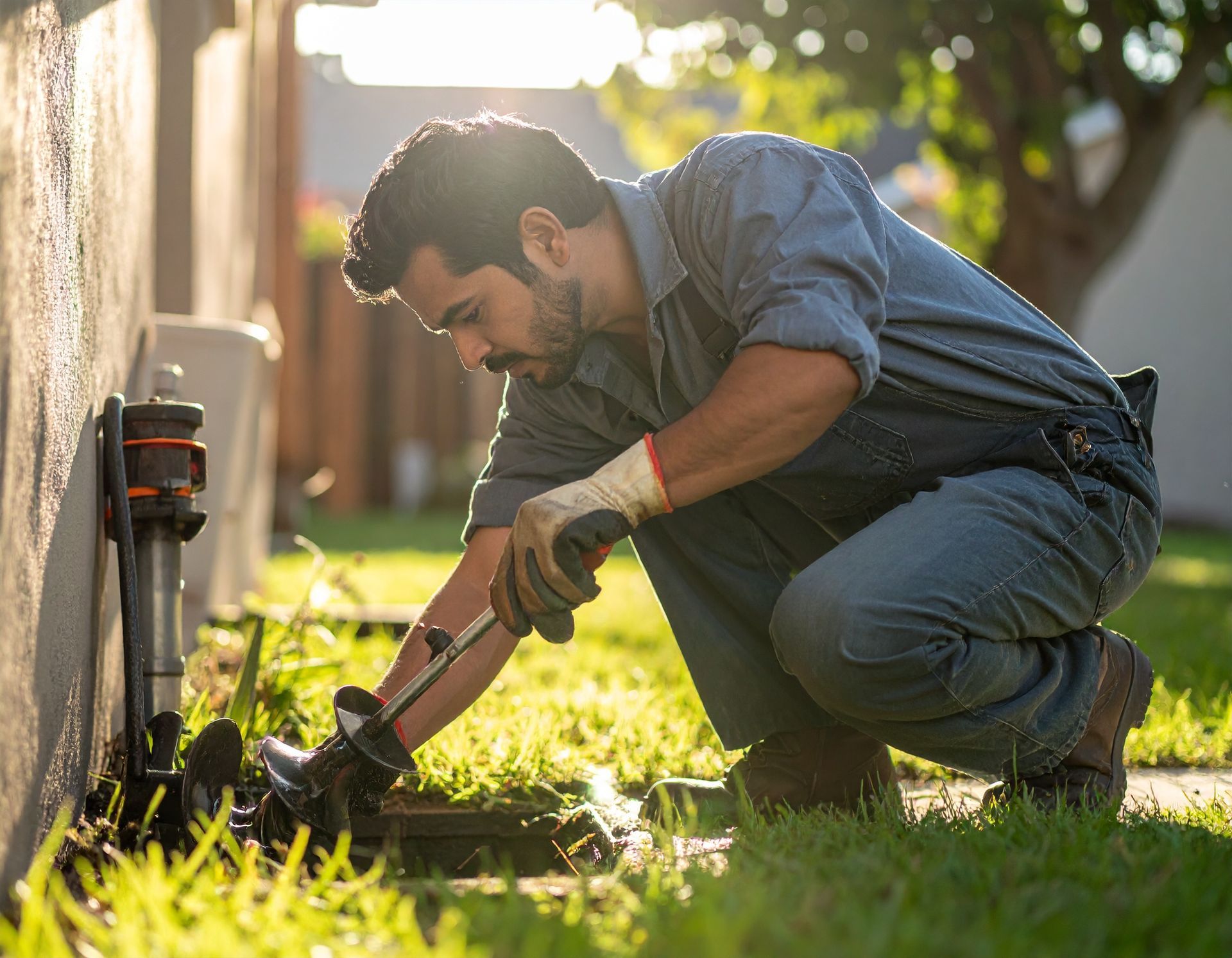 Man kneeling in grass using a hand tool near an outdoor wall in warm sunlight