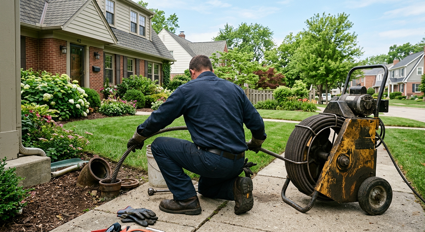 Worker kneels beside a curb using a wheelbarrow and tools to landscape a suburban front yard
