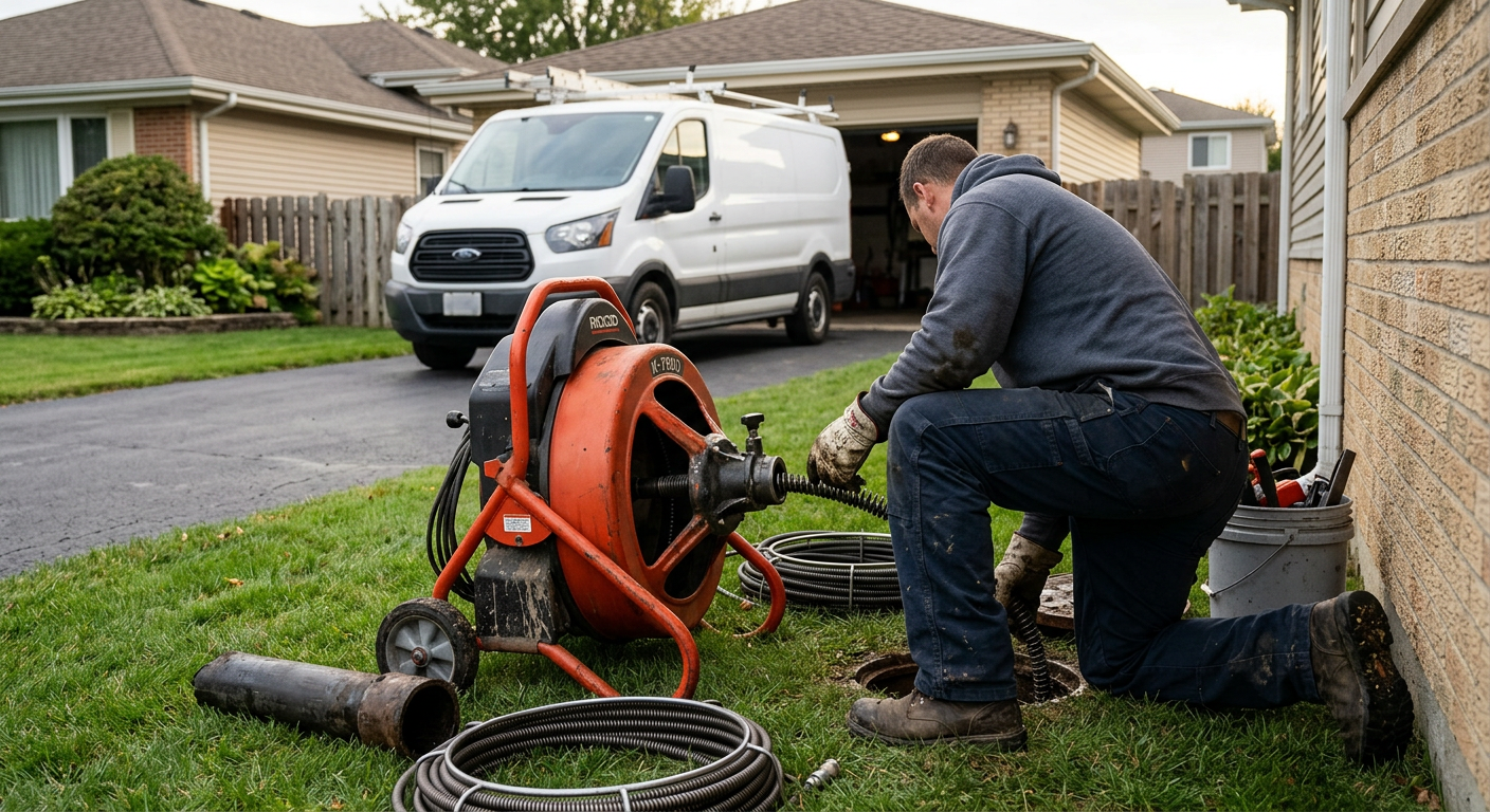 Worker crouches by orange sewer drain snake on a suburban lawn, with a white van and houses nearby